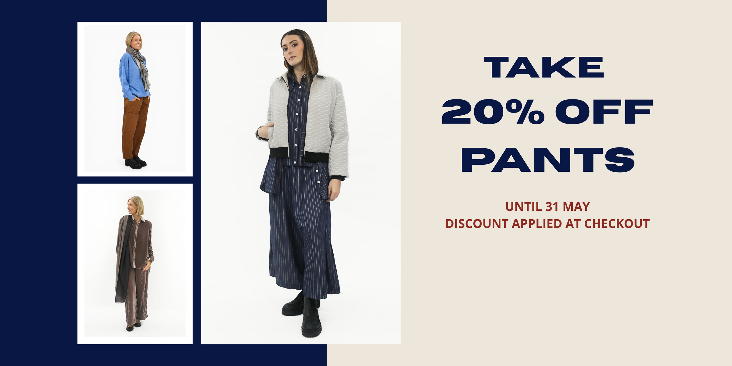 Promotional advertisement with a woman in a coat and pants, featuring a discount offer on pants.