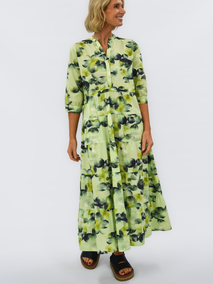 Orion cotton  dress green - lime green and dark green circles on light green background 