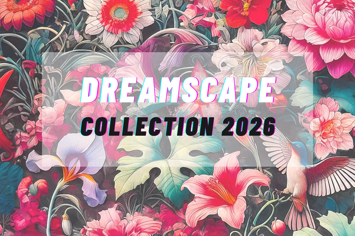 Colorful floral and bird design with 'Dreamscape Collection 2026' text overlay.